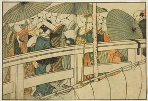 Überquerung einer Brücke im Sommer, aus dem illustrierten Buch "Bilderbuch: Blumen der vier Jahreszeiten (Ehon shiki no hana)," Bd. 1 von Kitagawa Utamaro