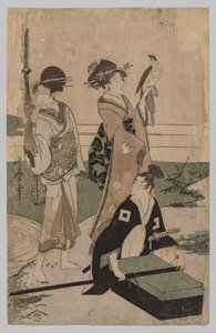 Daimyō und sein Gefolge überqueren einen Bach in der Ebene bei Fuji von Kitagawa Utamaro
