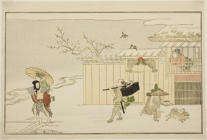Neujahrsgeschenke im Schnee überreichen, aus der illustrierten Kyoka-Anthologie "Der junge Gott Ebisu (Waka Ebisu)" von Kitagawa Utamaro