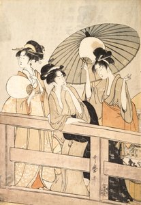 Genießen der kühlen Abendbrise auf und unter der Brücke, ca. 1800 von Kitagawa Utamaro