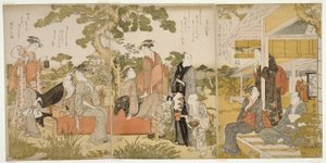 Genießen der Kühle in einem Garten von Kitagawa Utamaro