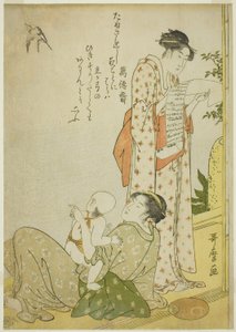 Abendkühle auf der Veranda: Genreszenen mit Kyoka-Gedichten, im Aiban-Format von Kitagawa Utamaro
