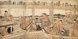 Fischerboote mit Netzen unter der Ryogoku-Brücke, 1790er Jahre von Kitagawa Utamaro