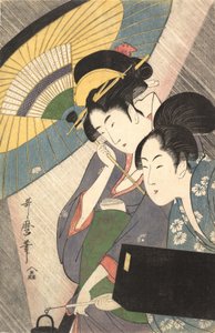 Geisha und Begleiterin in einer regnerischen Nacht von Kitagawa Utamaro