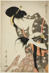 Friseurin, aus der Serie "Zwölf Arten von Frauenhandwerk (Fujin tewaza juni ko)" von Kitagawa Utamaro