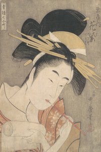 „Hanamurasaki von der Tamaya,“ aus der Serie Sieben Komachi der Vergnügungsviertel ..., ca. 1790 von Kitagawa Utamaro