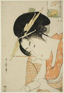 Hanaogi von der Ogiya, aus der Serie "Berühmte Schönheiten verglichen mit den sechs unsterblichen Dichtern (Komei bijin rokkasen)"