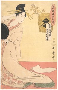 „Hanazuma von Hyōgoya, Kenbishi von Sakagami“ aus der Serie Die Ebenbürtigen des Saké verglichen mit ausgewählten Bewohnern von sechs Häusern von Kitagawa Utamaro