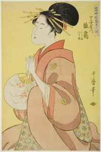 Hinazuru vom Chojiya, deren Begleiter Tsuruji und Tsuruno sind, aus der Serie "Reihe der höchsten Schönheiten der Gegenwart" von Kitagawa Utamaro