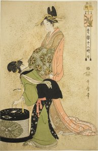 Stunde des Hahns (Tori no koku), aus der Serie "Zwölf Stunden in Yoshiwara (Seiro juni toki tsuzuki)" von Kitagawa Utamaro