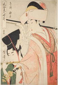 Stunde des Pferdes [12 Uhr], Schreinmädchen (Uma no koku, miko), aus der Serie „Bräuche der Schönheiten rund um die Uhr“ ("Fuzoku bijin tokei") von Kitagawa Utamaro