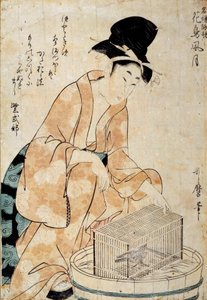 Japanische Kunst: Frau sitzt vor einem Vogelkäfig. Zeichnung von Outamaro (Utamaro) Kitagawa (1753-1806) 18. Jahrhundert