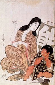 Kintaro und Yamauba kalligraphierend, Serie: Yamauba und Kintaro. Japanischer Druck von Utamaro Kitagawa (1753-1806). 1790-1806. Paris, Guimet Museum, Nationalmuseum für asiatische Kunst von Kitagawa Utamaro