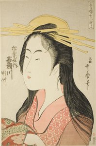 Kisegawa vom Matsubaya, [deren Begleiter sind] Sasano, Takeno (Matsubaya uchi Kisegawa, Sasano, Takeno), aus der Serie "Sieben Komachi von Yoshiwara" ("Seiro nana Komachi")
