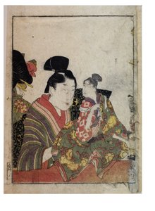 Marionettenszenen mit männlichen und weiblichen Manipulatoren von Kitagawa Utamaro