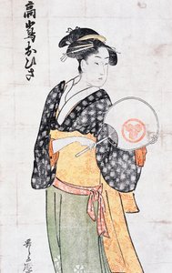 Ohisa aus dem Takashima Teehaus, Frau im Kimono mit Fächer, ukiyo-e Kunstdruck von Kitagawa Utamaro