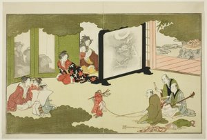 Aufführung eines dressierten Affen, aus einer illustrierten Gedichtanthologie mit dem Titel "Der junge Gott Ebisu (Waka Ebisu)" von Kitagawa Utamaro