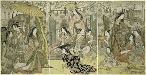 Bild von Hideyoshi und seinen fünf Frauen, die Kirschblüten in Higashiyama betrachten von Kitagawa Utamaro
