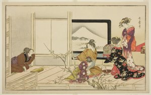 Zubereitung von Nahrung für eine Nachtigall, aus der illustrierten Kyoka-Anthologie "Männerstampf-Tanz (Otoko toka)" von Kitagawa Utamaro
