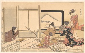 „Zubereitung von Futter für den Grasmücke“, aus dem Album Männerstampftanz (Otoko dōka, uguisu no esa suri) von Kitagawa Utamaro