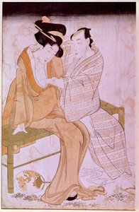 Darstellung eines japanischen Paares, das sich auf einer Bank streichelt. Drucke von Utamaro Kitagawa (1753-1806). Paris, Guimet Museum, Nationalmuseum für asiatische Kunst