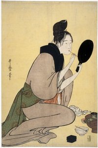 Über die Schönheit: Frau, die sich die Lippen schminkt von Kitagawa Utamaro