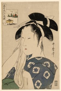 Die Asahiya-Witwe, aus der Serie "Berühmte Schönheiten verglichen mit den sechs unsterblichen Dichtern" ("Komei bijin rokkasen") von Kitagawa Utamaro