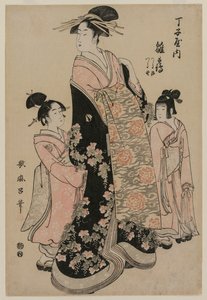 Die Kurtisane Hinazuru von Chojiya mit ihren Begleiterinnen Tsuruji und Tsuruno, ca. 1794 von Kitagawa Utamaro