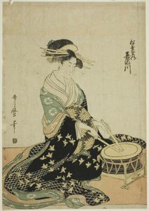Die Kurtisane Kisegawa von der Matsubaya, aus einer unbetitelten Serie von Kurtisanen der Matsubaya als fünf Musiker