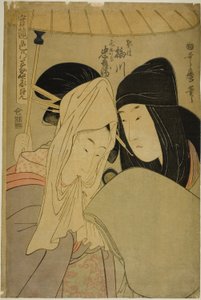 Die Kurtisane Umegawa und Chubei von der Kurierfirma (Keisei Unegawa, Hikyakuya Chubei), aus der Serie "Wahre Gefühle verglichen: Die Quellen der Liebe (Jitsu kurabe iro no minakami)" von Kitagawa Utamaro