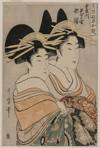 Die Kurtisanen Kasugano und Utahama von Tamaya aus der Serie Kurtisanen der Vergnügungsviertel in Doppelspiegeln von Kitagawa Utamaro