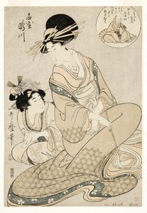 Die Kurtisane Takigawa und ihre Begleiterin aus dem Ogiya in Anspielung auf den Dichter, 1800-02