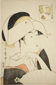 Tomimoto Toyohina, aus der Serie Berühmte Schönheiten verglichen mit den sechs unsterblichen Dichtern (Komei bijin rokkasen) (Tomimoto Toyohina) (Bilderrätsel) von Kitagawa Utamaro
