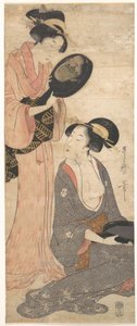 Zwei Damen, jeweils mit einem Teil eines lackierten Spiegels von Kitagawa Utamaro