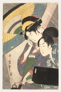 Zwei Frauen unter einem Regenschirm von Kitagawa Utamaro