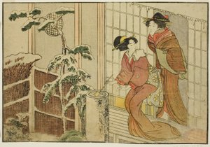 Zwei Frauen auf der Veranda an einem verschneiten Morgen, aus dem illustrierten Buch "Bilderbuch: Blumen der vier Jahreszeiten (Ehon shiki no hana)," Bd. 2