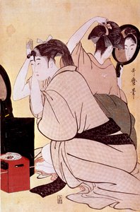 Zwei Frauen frisieren sich: eine schaut in den Spiegel, während die andere kämmt. Japanischer Druck von Utamaro Kitagawa (1753-1806). 1794-1795. Paris, Guimet Museum, Nationalmuseum für asiatische Kunst von Kitagawa Utamaro