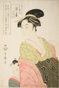 Wakaume vom Tamaya in Edo-cho itchome, und ihre Kinderbegleiter Mumeno und Iroka (Edo-cho itchome, Tamaya uchi Wakaume Mumeno Iroka) von Kitagawa Utamaro