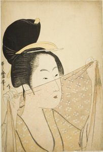 Frau, die ein Stück Stoff hochhält (Nuno o kazasu onna) von Kitagawa Utamaro