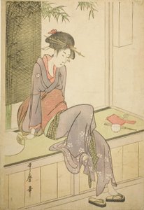 Frau, die auf der Veranda sitzt von Kitagawa Utamaro
