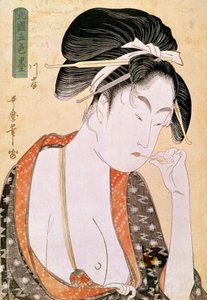 Frau, die sich die Lippen wünscht. Japanischer Druck von Utamaro Kitagawa (1753-1806). 18. Jahrhundert. Paris, Guimet Museum, Museum für asiatische Künste von Kitagawa Utamaro