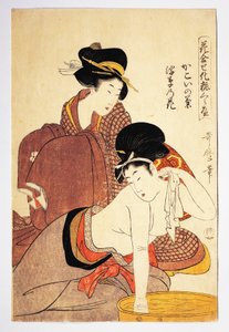 Frau, die sich wäscht, ca. 1803, Illustration von Kitagawa Utamaro aus Hana Awase Kesho Kurabe, Aiban-tate-e Holzschnitt, japanische Zivilisation, Edo-Periode