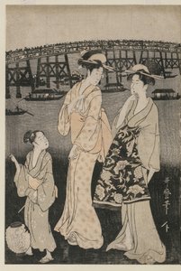 Frauen genießen die Abendkühle in der Nähe der Ryogoku-Brücke