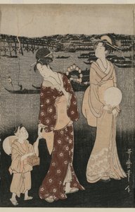 Frauen genießen die Abendkühle in der Nähe der Ryogoku-Brücke