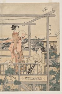Frauen, die Wäsche auf einem Balkon zum Trocknen aufhängen von Kitagawa Utamaro