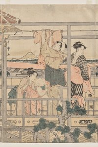 Frauen hängen Wäsche auf einem Balkon auf von Kitagawa Utamaro