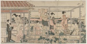 Frauen hängen Wäsche zum Trocknen auf einem Balkon auf, frühe 1790er Jahre von Kitagawa Utamaro