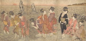 Frauen, die die aufgehende Sonne zwischen den Zwillingsfelsen in Ise anbeten, spätes 18. - frühes 19. Jahrhundert von Kitagawa Utamaro