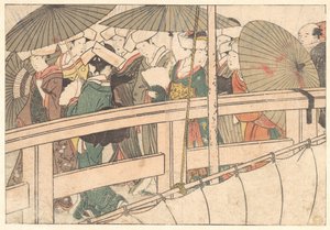 Frauen auf einer Brücke, aus dem illustrierten Buch „Blumen der vier Jahreszeiten“ von Kitagawa Utamaro