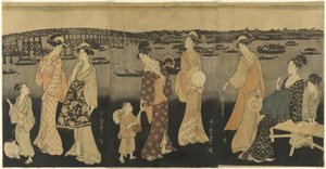 Frauen beobachten Feuerwerk am Sumida-Fluss von Kitagawa Utamaro